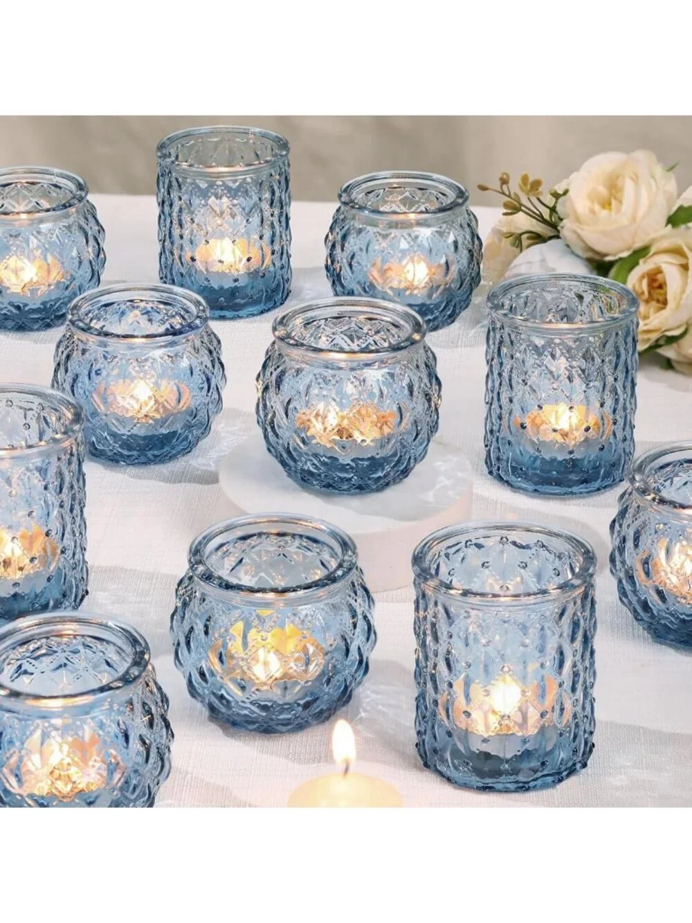 Set of 24 Blue Glass Votive Candle Holders - Round Tea Light Holders for